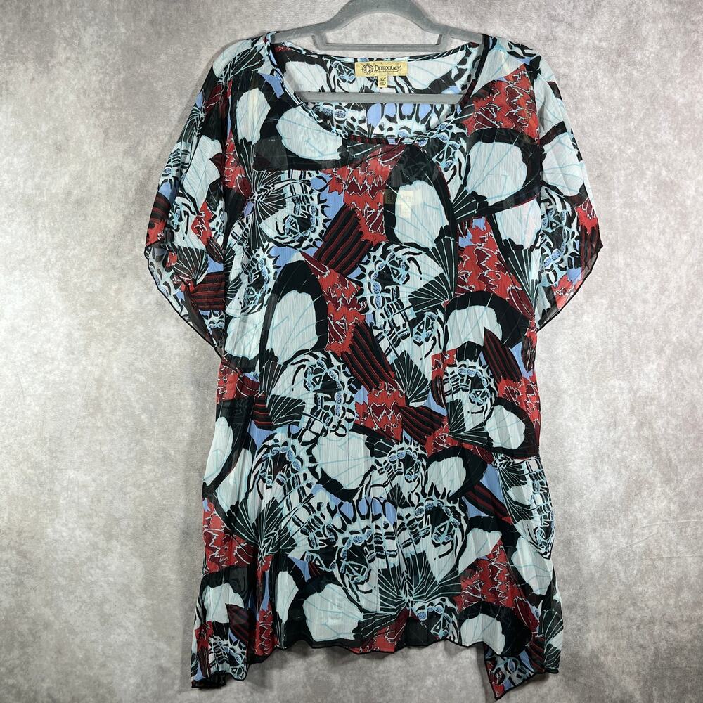 Democracy Blouse Womens XL Black Floral Dolman Sleeve Tunic Scoop Neck Artsy